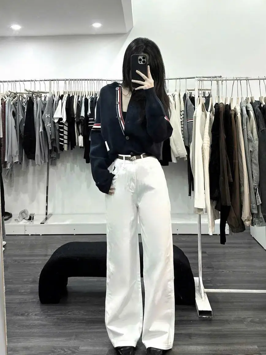 [Thêu Ngựa] Quần Jeans Xuông Màu Trắng Dài 102cm (ảnh shop chụp)- NgocDiepVuSTORE