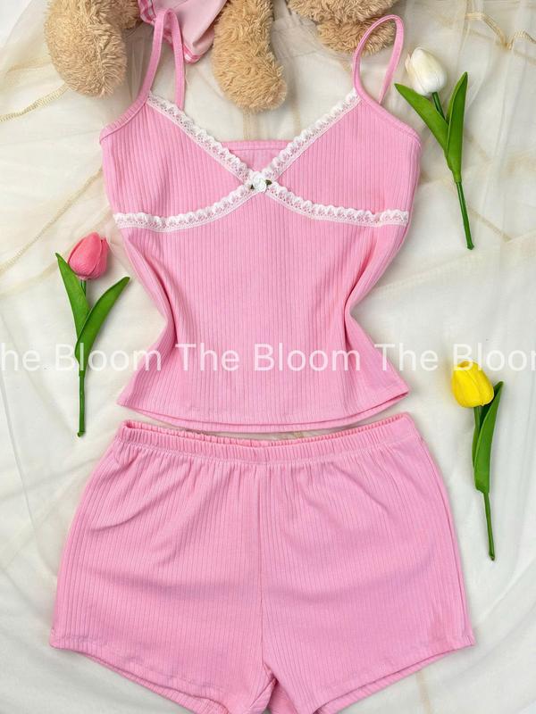 Set bộ áo 2 dây cổ tim viền ren đính hoa hồng và quần mini ôm body, set cotton len đũa THE BLOOM | SE012 Nữ Women Top Bông setdomac  nhaxinh bộ  ngủ  thun  tăm  2  dây set  bongu  quyen  ru