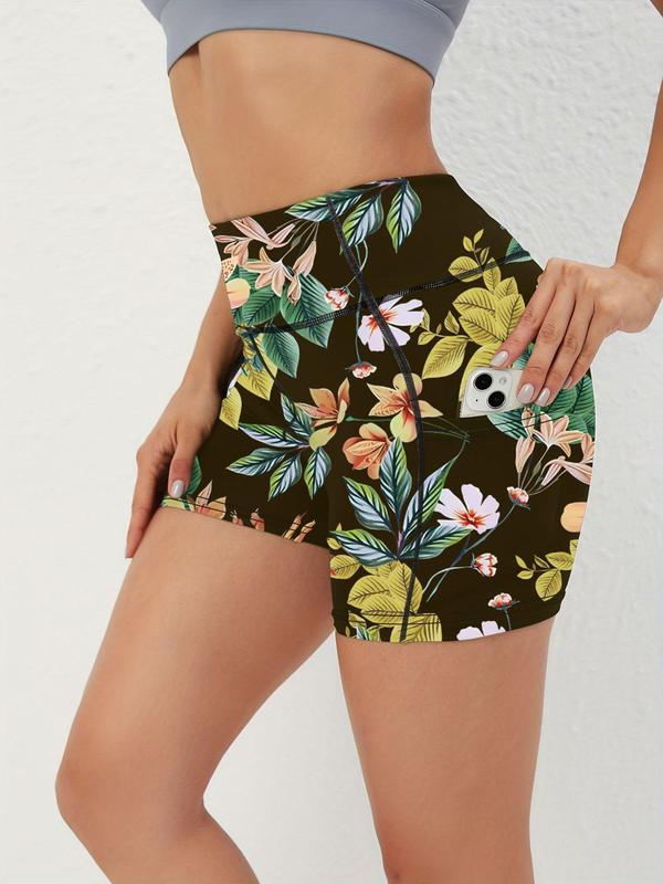 Sporty Women's Floral & Leaf Print Pocket High Waist Sports Skinny Gym Shorts, Casual Comfy Breathable High Stretch Seamless Short Leggings for Yoga Gym Workout Running, Ladies Sportswear 2