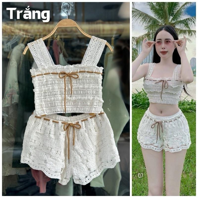 75-Set bikini 2 mảnh đồ bơi len móc đi biển 2 món gồm áo 2 dây bản to chun co giãn mix quần sóc trang trí dây dù Nữ