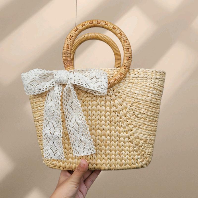 Kho sỉ túi cói lục bình vintage mề gà miệng bằng quai mây có lót vải và khóa kéo Bag Nữ