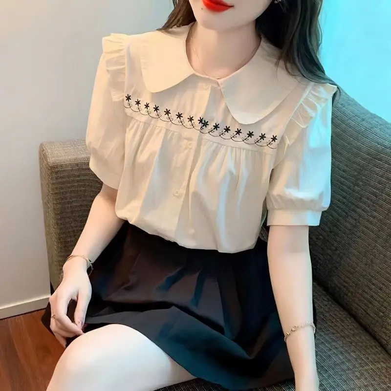 Áo Sơ Mi Thêu Cổ Búp Bê Nữ Mùa Hè Cao Cấp Tay Phồng Phù Hợp Với Thiết Kế Áo Sơ Mi Ngắn Tay Top Shirt