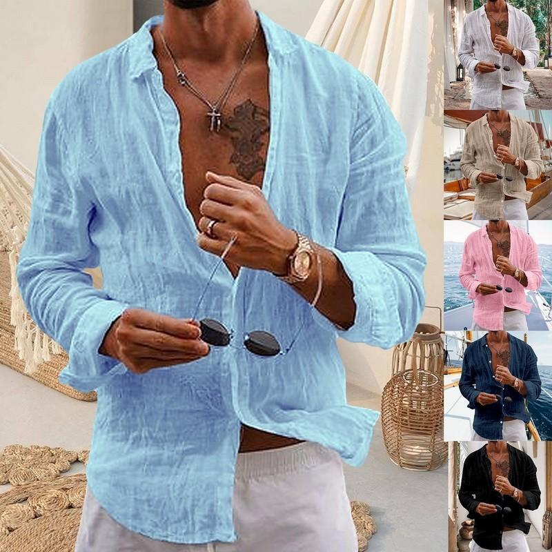 Men Plain Cotton And Linen-Blend Loose Lapels Long-Sleeved Casual Cardigan Beach Shirt 8