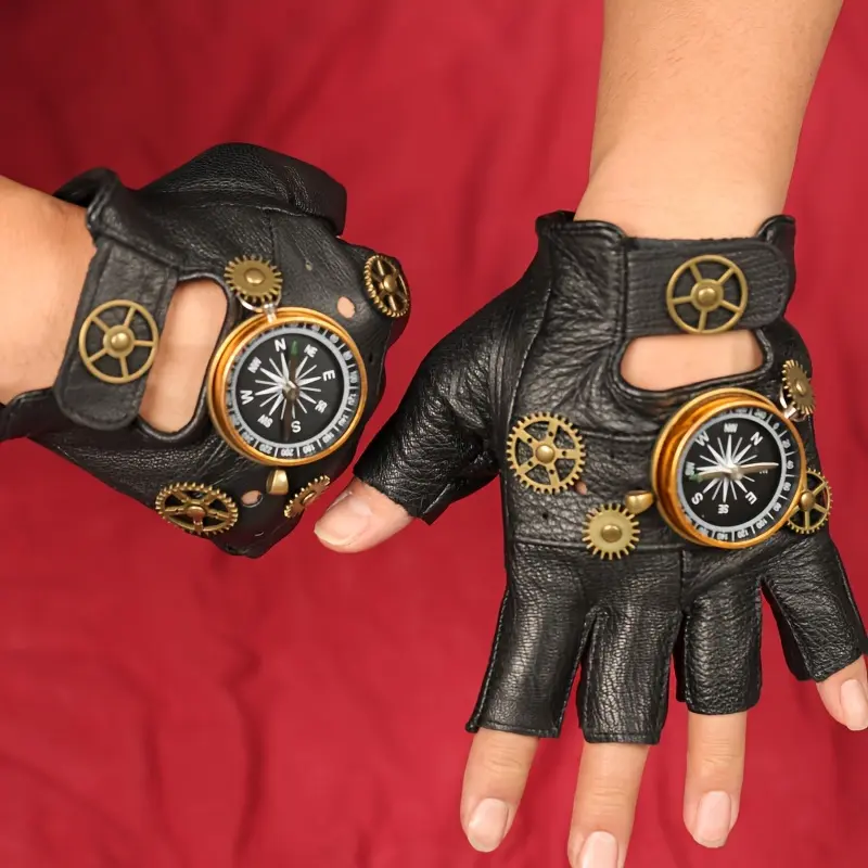 1pair Steampunk-Inspired Fingerless Gloves, Faux Leather With Metal Compass And Gears, Punk Rock Style, Rivet Accents, Halloween Cosplay Accessory 6