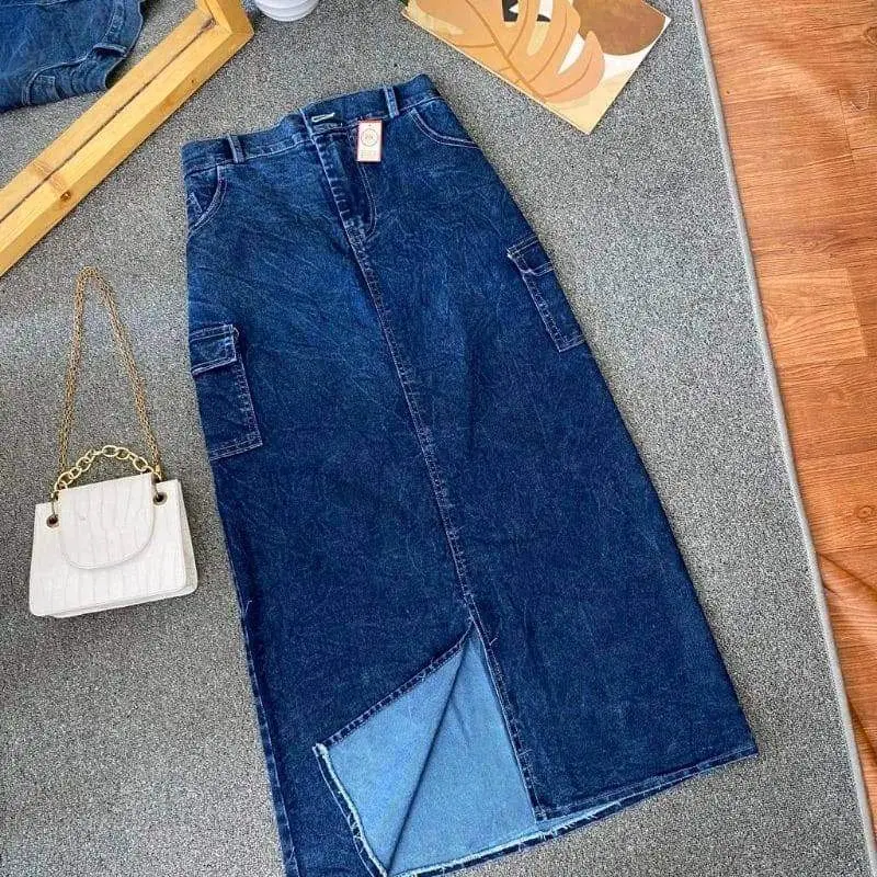 Rok Jeans Wanita Cargo Denim Karet | Rok Cargo Jeans Belah depan Korean Style 1
