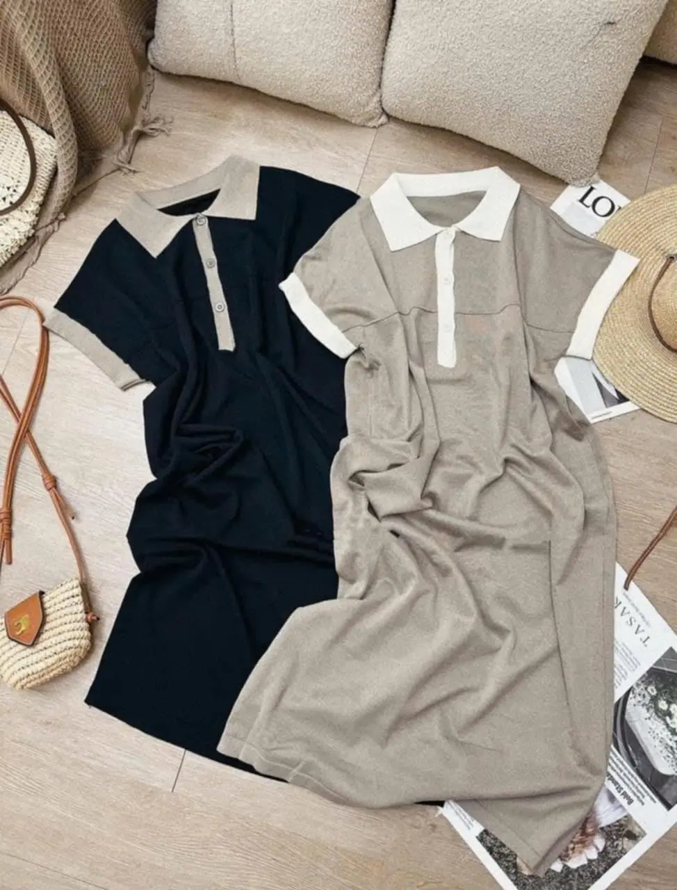 Đầm Polo Gân Phối Viền Tay From Suông Rộng Dáng Dài