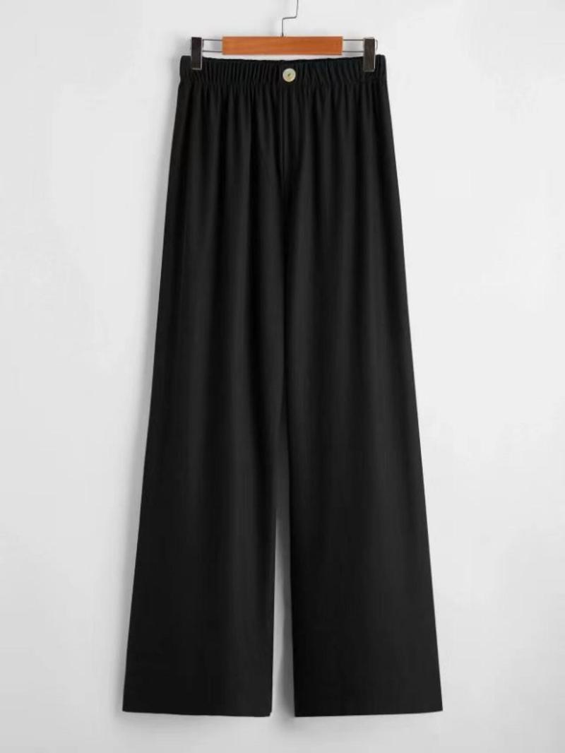Product Introduction of 【Plus Size】 Solid Button Elastic Waist Wide Leg Pants, Casual Comfy Trousers for Daily Outdoor Wear, Women Plus Clothing for Fall & Winter 1