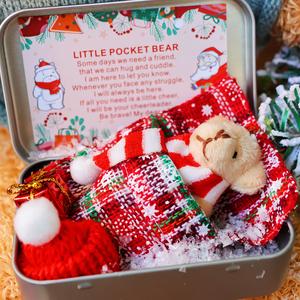 Abrazo de Oso de Bolsillo Navideño en una Caja con Tarjeta Alegra, Mini Oso de Peluche con Bufandas de Rayas en Edredón Navideño, Regalos de Nochebuena para Ositos Pequeños, Decoraciones Navideñas, Rellenos para Media de Navidad