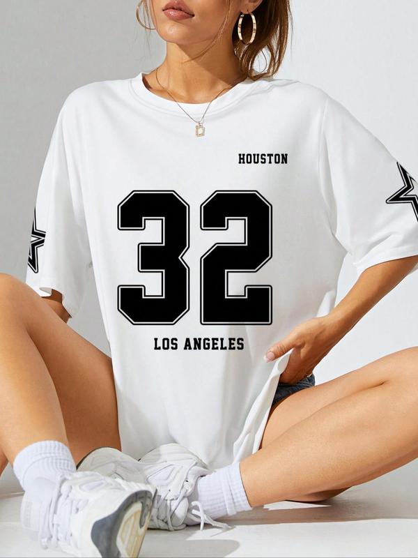 Women's Letter & Figure Print Round Neck Graphic Baby Tees Y2k Tee, Casual Streetwear Star Print Half Sleeve Oversized T Shirt for Summer, T Shirts for Women, Graphic Tee, Summer Clothes, Clothing 0