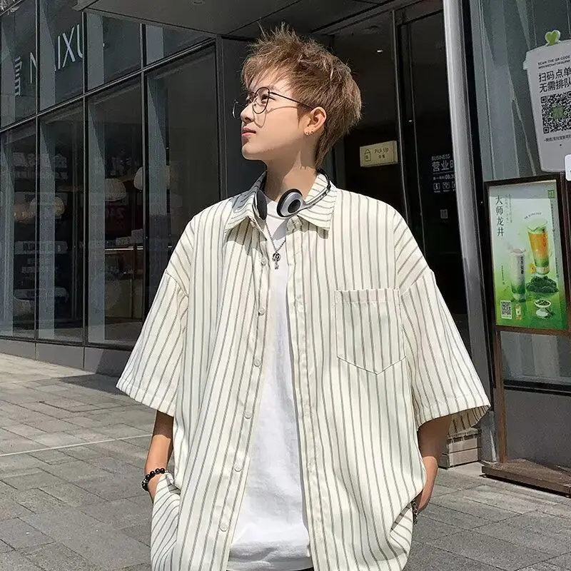 Hong Kong Style Striped Short Sleeve Shirt for Men, Summer Thin New Trendy Brand Casual Plus Size Half Sleeve Loose Jacket Trendy