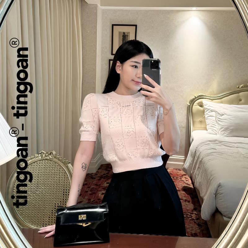 TINGOAN x AFF - Áo dệt kim len mỏng xù ngắn tay cổ tròn vân hoa FLOWER TOP