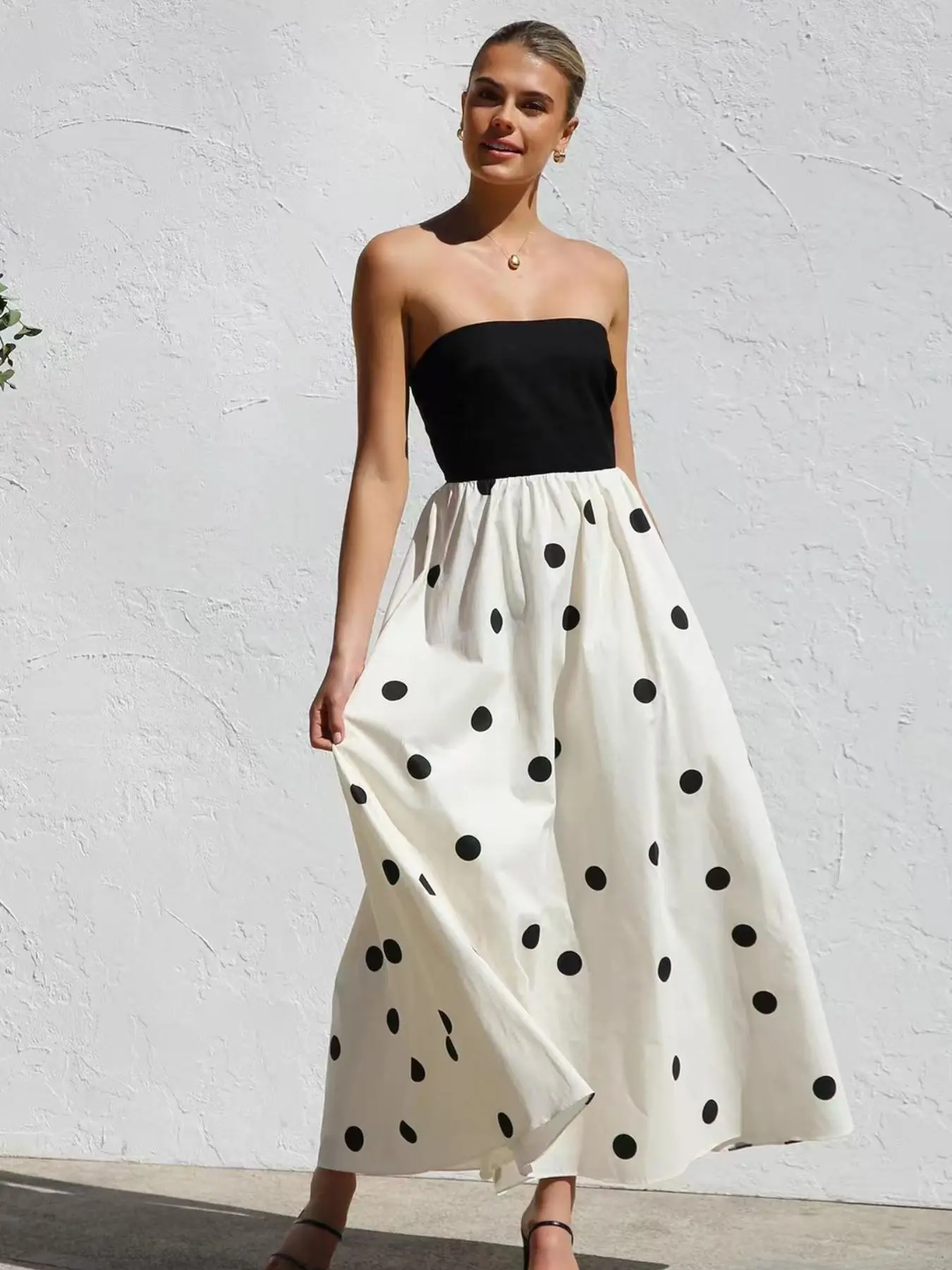 Women's Polka Dot Print Tube Dress, Elegant Sleeveless A Line Dress for Party Holiday Wedding Guest, Ladies Summer Clothes