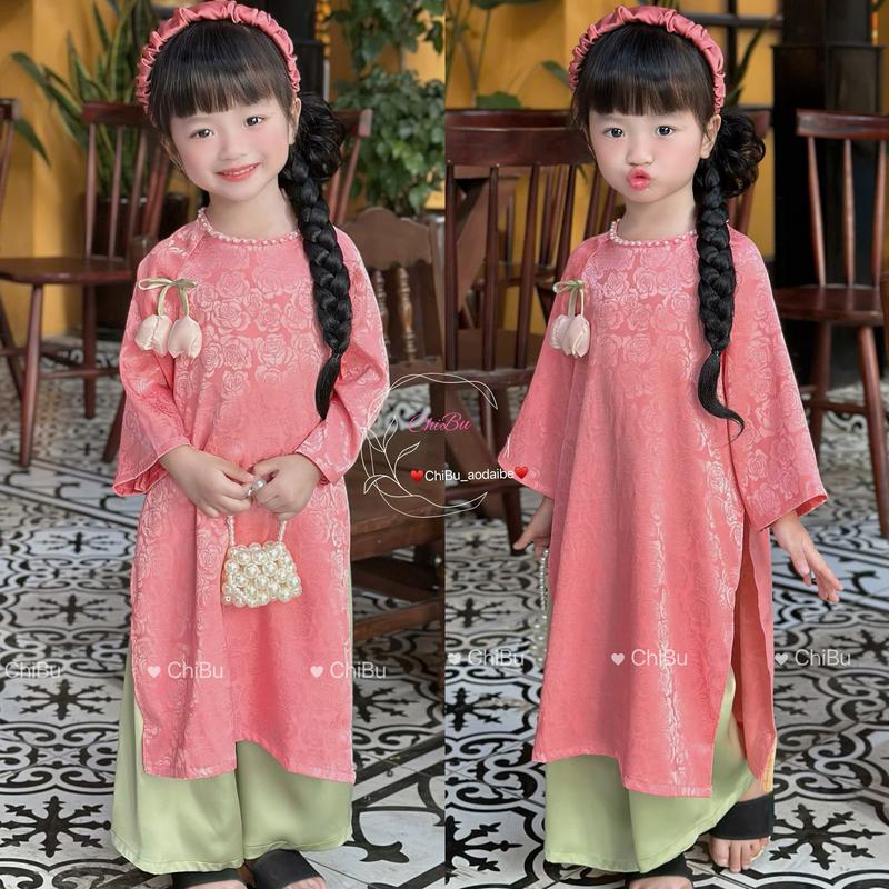  Áo dài bé gái CHIBU lụa gấm đính hoa mix quần ngọc trai cao cấp cho bé 10-40kg - tặng kèm bờm nhún 