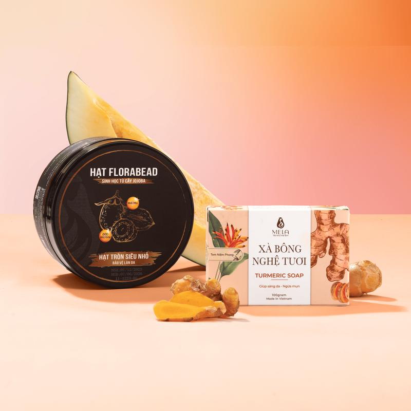 Combo Xà bông nghệ, Tẩy da chết body Mela - Giúp sáng da và ngăn ngừa mụn ML19
