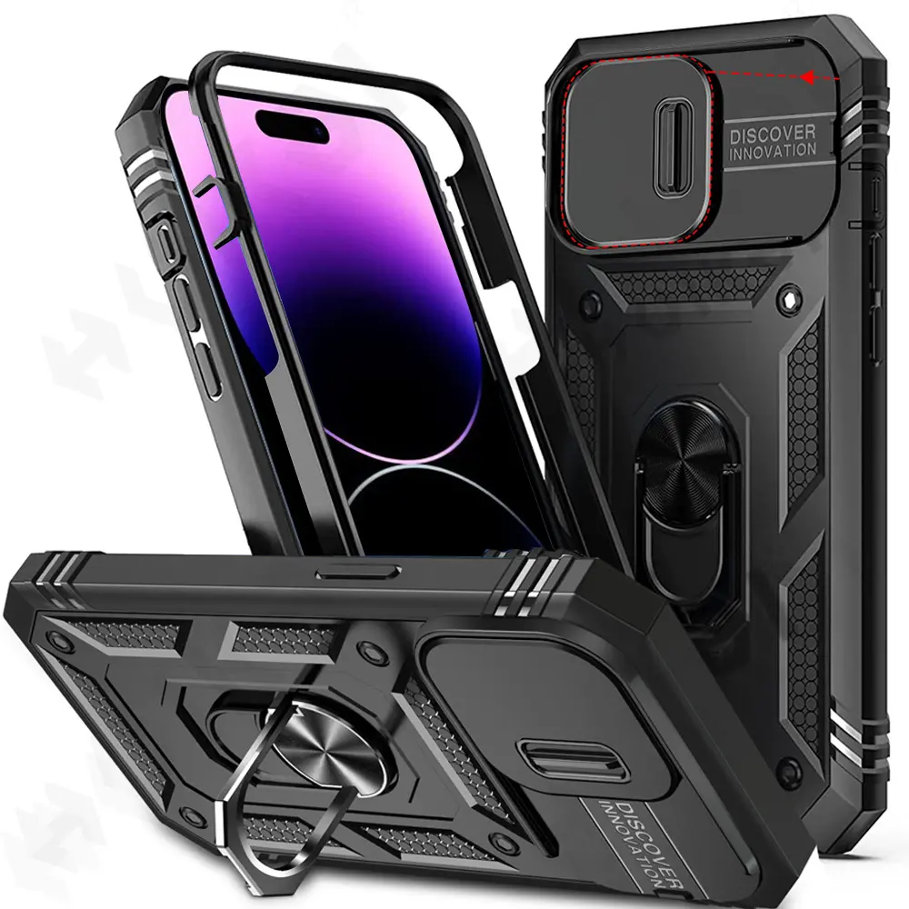 Vỏ cho iPhone 14, 13, 12, 11 Pro, XS Max, 8, 7, trượt camera, bảo vệ áo giáp cấp quân sự, xây dựng trong vỏ áo giáp xoay 360 độ