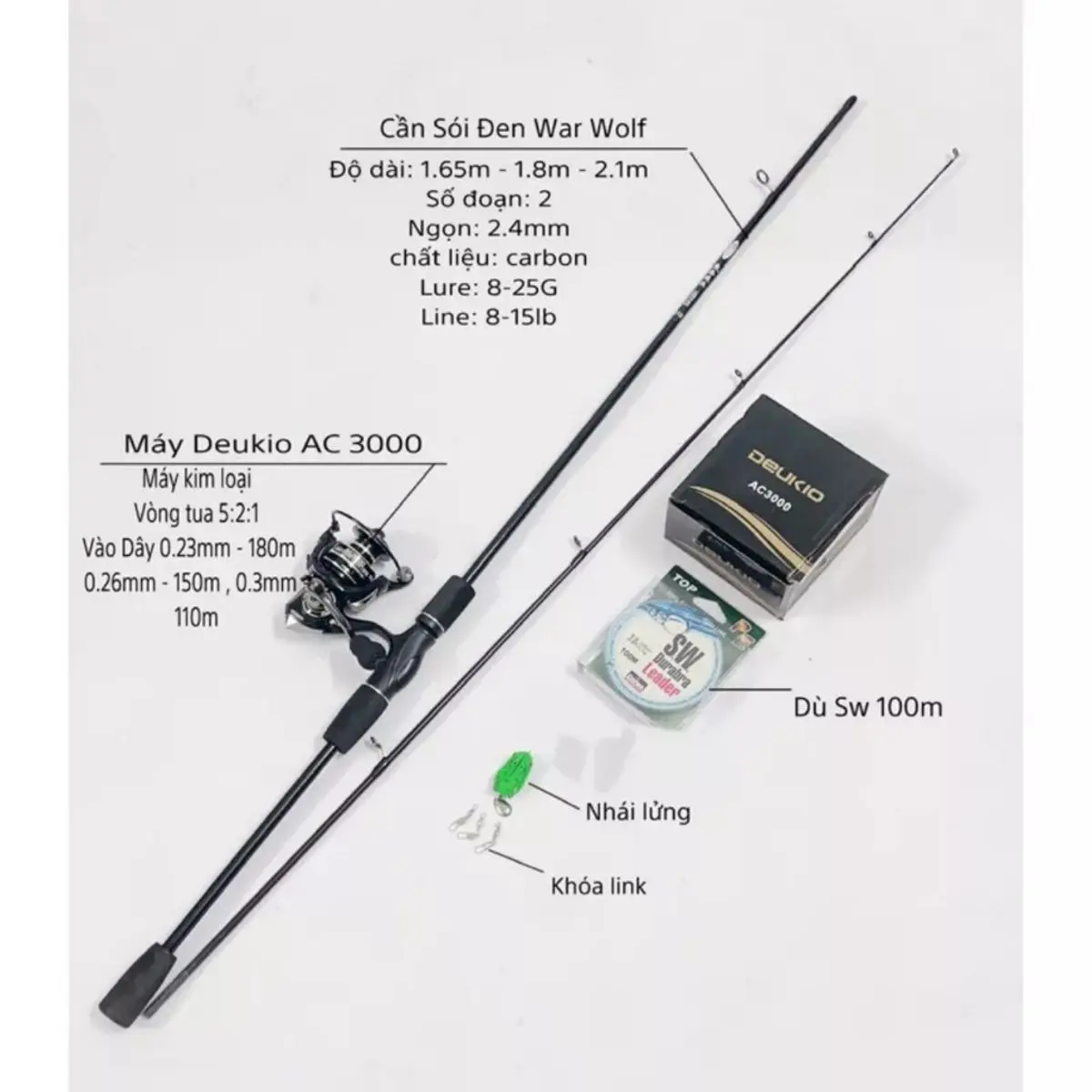 Bộ cần câu lure máy đứng Deukio AC và phụ kiện giá rẻ - Combo Bộ cần lure Sói Đen kèm máy giá rẻ Bắt Cá Đi Câu Fishing Câu Cá