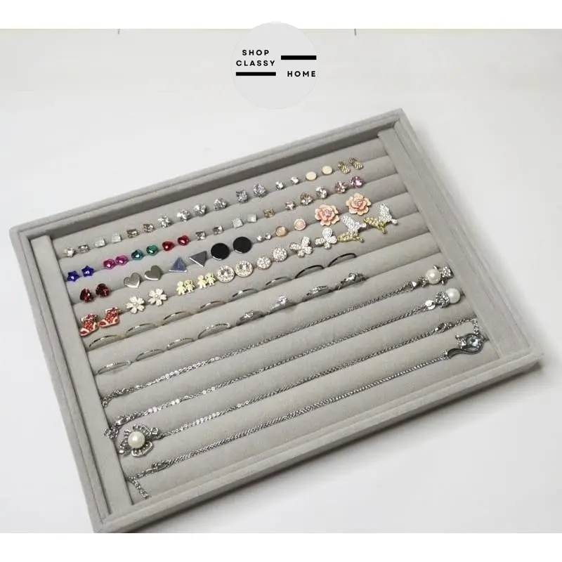Shopclassyhome Large Compartment Jewelry Tray Box Velvet Ring Earrings Empty Plate Display Box Jewelry Organizer box fit table drawer