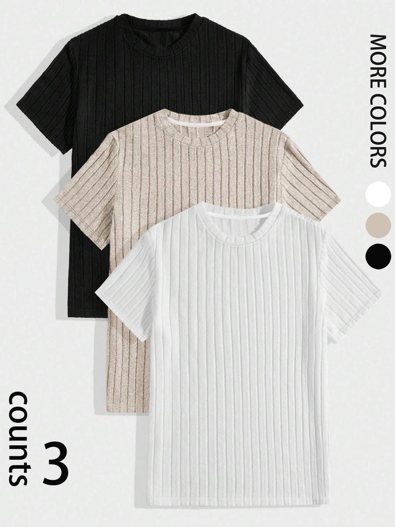 Product Introduction of Men's Solid Color Ribbed Short Sleeve Tee, Casual Comfy Breathable T-shirt for Daily Wear, Men's Top for All Seasons 1