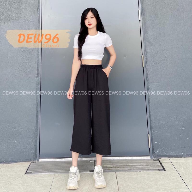 Quần đũi nữ ống rộng dáng lỡ cạp chun có túi, quần culottes nữ chất vải đũi thoáng mát