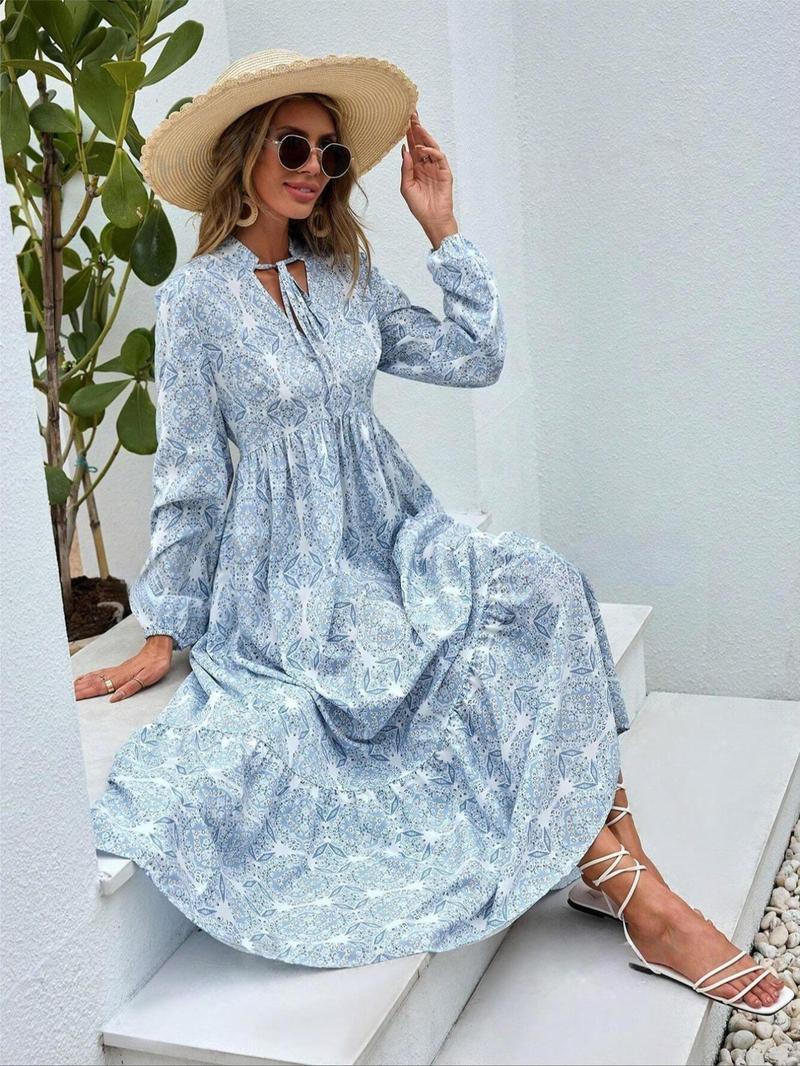 Product Introduction of Women's All Over Print Tie Neck Ruffle Hem A Line Dress, Fashion Casual Bishop Sleeve Long Dress, Ladies Dress for Holiday Vacation Daily Wear Frenchy Style, Dresses for Women 5