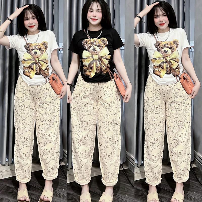 Product Introduction of Sét Bộ Jean Áo Tay Ngắn Cổ Tròn In Hinh Gấu Nơ Kèm Quan Baggy Kaki Kem Hoạ Tiếc Gấu,Phom Vừa 45-55kg Mặc Thoải Mái. Nữ Women Nữ Women Nhung Top 26