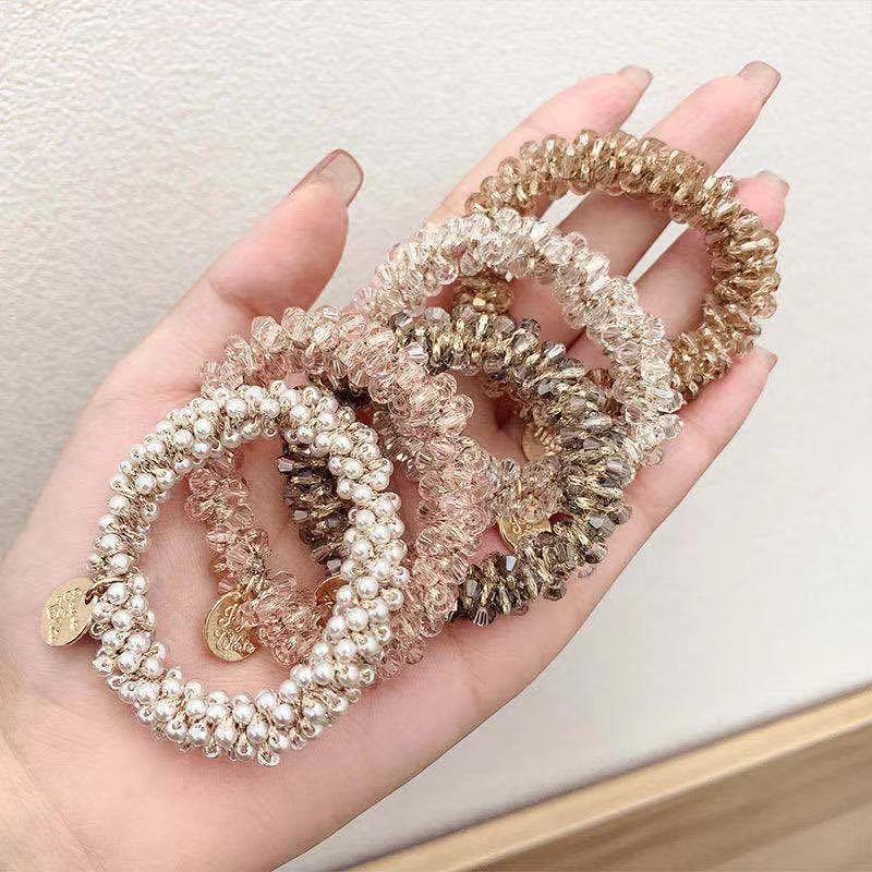 Product Introduction of Korean Simple Temperamental Bracelet Dual-Use Instafamousrubber Band Sweet Headwear Vintage Pearl Head Rope Hair-Binding Crystal Hair Tie 0