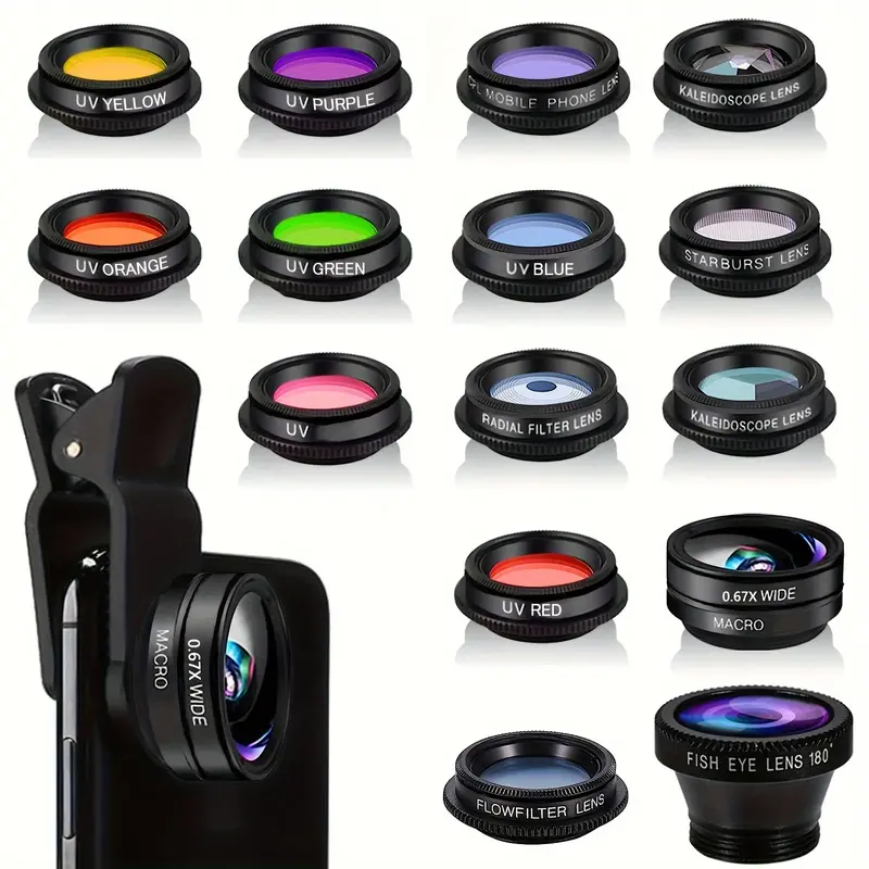 Bộ Ống Kính Máy Ảnh Điện Thoại Thông Minh 15 Trong 1, Góc Rộng, Mắt Cá Mập, CPL, Starburst, Bộ Lọc Nhiều Màu, Tương Thích Với iPhone, Samsung Và Android 0