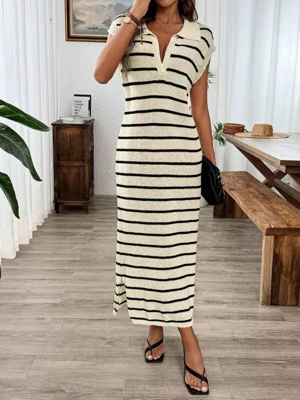 Women's Striped Print Sweater Dress, Casual Knit Dress for Summer, Fashion Women's Dress for Daily Wear 0