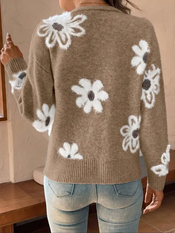 【Plus Size】 Floral Pattern Button Front Longsleeves Cardigan, Elegant Chic Casual Drop Shoulder V Neck Knitwear for Fall & Winter, Women's Plus Clothing for Daily Wear, Knitting Ladies Winter Coat, Womenswear 4