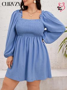 CURVZY Plus Size Autumn Aesthetic Milkmaid, Plain Frill Shirred Bishop Sleeve A Line Dress, Boho Long Sleeve Square Neck High Waist Dress for Spring & Fall, Women's Clothes for Daily Vacation Outdoor