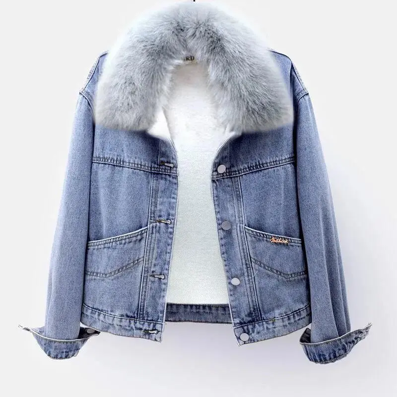 Áo Khoác Denim, Dành Cho Nữ, Mùa Đông, Lót Lông Cừu, Dày Dặn, Thời Trang Mới, Thêu Phong Cách Ins, Có Cổ Lông, Chất Liệu Len, Dễ Phối Đồ Có Thể Mặc Ngoài Trời, Áo
