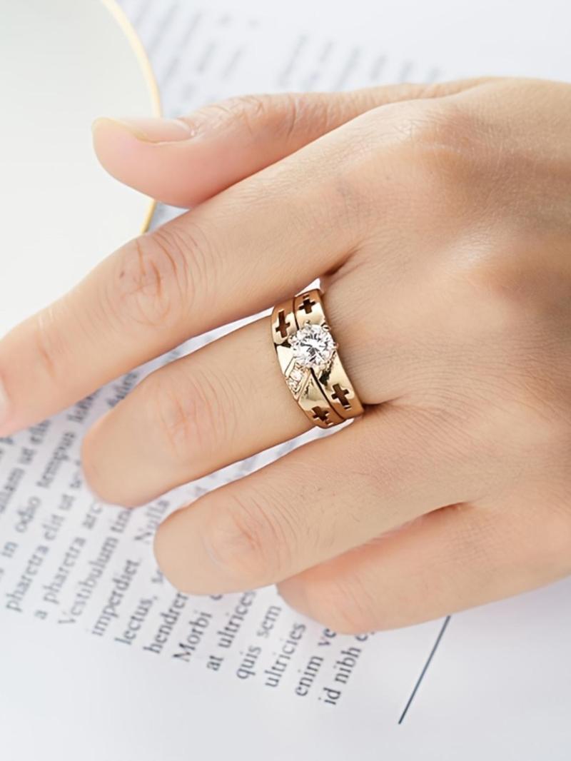 Product Introduction of Luxury Elegant Rhinestone Inlaid Promise Couples Ring, Fashion Cross Decor Accessories for Wedding Party, Engagement Jewelry Accessories for Women & Men, without Box, Valentine's Day, Gift 4