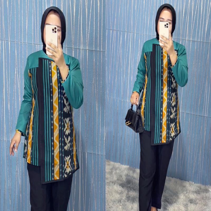Blus couple kombinasi  tenun Bianca (B30) Batik Katun Toyobo Atasan Wanita Panjang Tangan 4