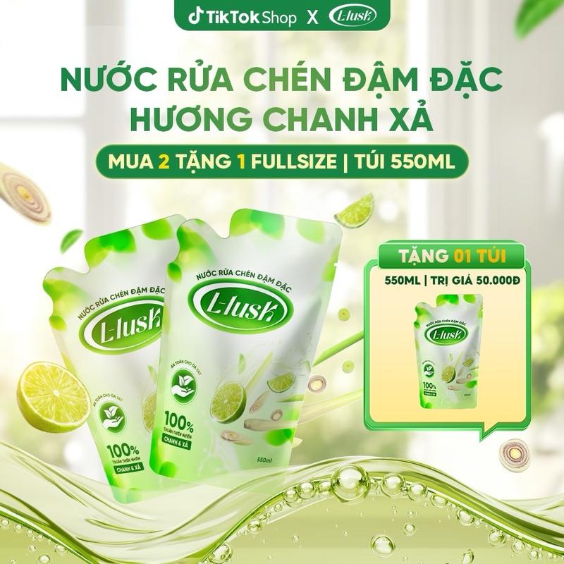 MUA 2 TẶNG 1 FULLSIZE Combo 2 Túi Nước Rửa Chén Đậm Đặc L-lusk 550ml Thuần Tự Nhiên Hương Chanh & Xả Thơm Mát An Toàn Cho Da Tay