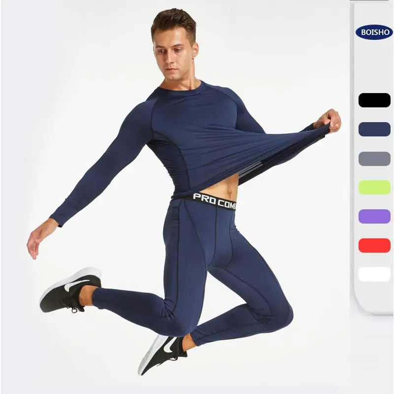 Men's Sports Wear Gym Set Yoga Training Running Outfit Sports Round Neck Tight Long Sleeve Long Pants