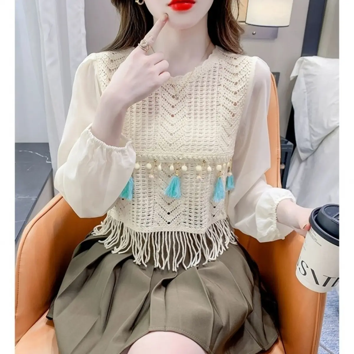 Tassel Chiffon Patchwork Shirt Women's Spring and Summer New Ethnic Style Hollow-out Design Chic and Beautiful Long-Sleeved Top Blouse Lingerie Basic Lady