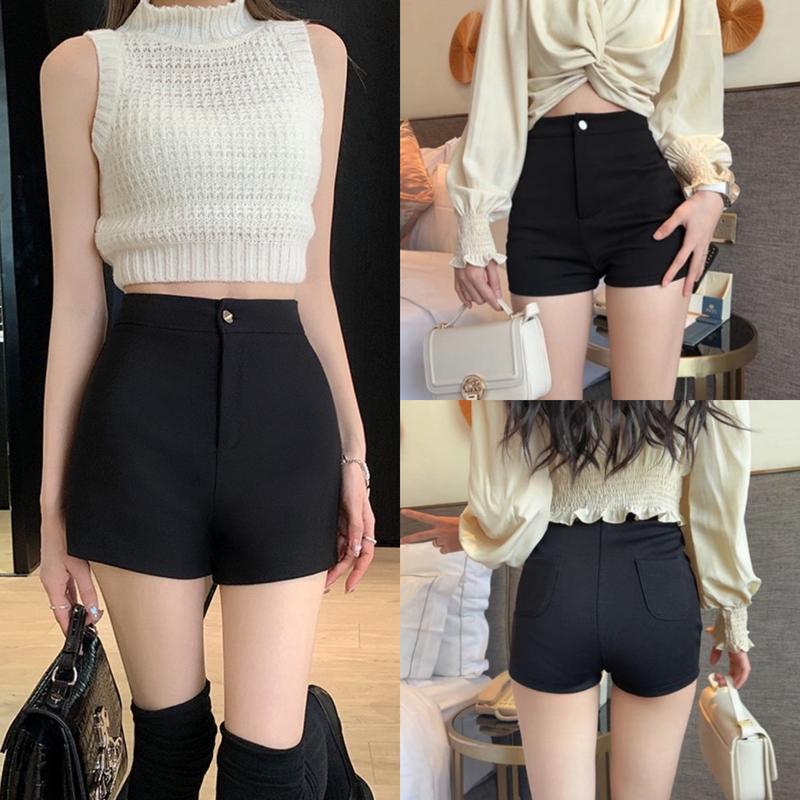 ComBo 2 Quần short nữ lưng cao dáng ôm đùi ngắn . chất vải Umi Hàn co giãn mặc tôn dáng - Được thiết kế 1 khuy trước quần Đen Trắng Women Pants