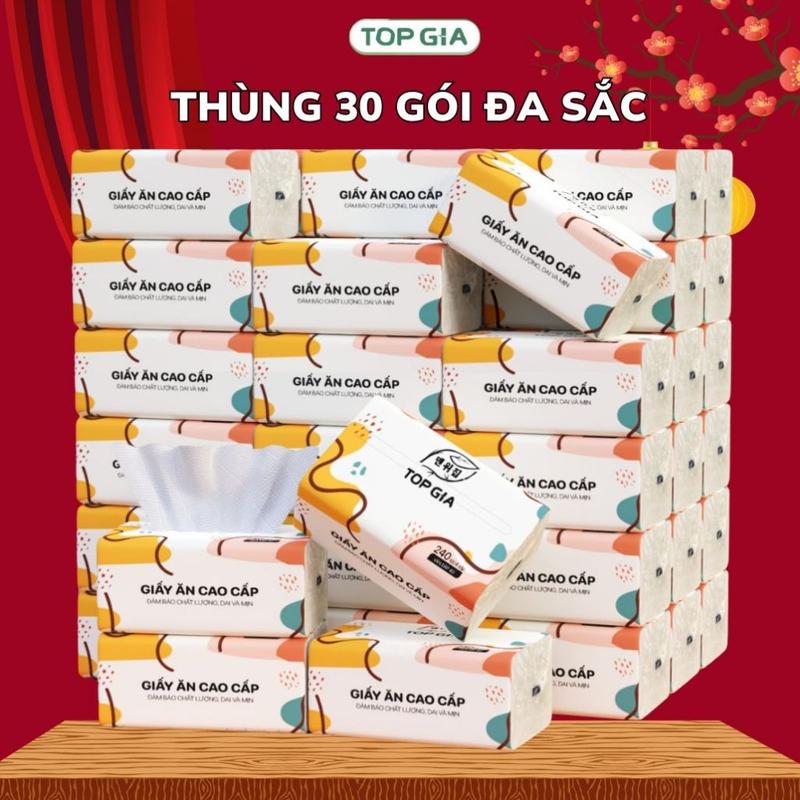 Giấy ăn rút đa sắc Topgia thùng 30 gói cao cấp 240 tờ 4 lớp dập vân 4D chắc chắn, mềm mịn, thấm hút