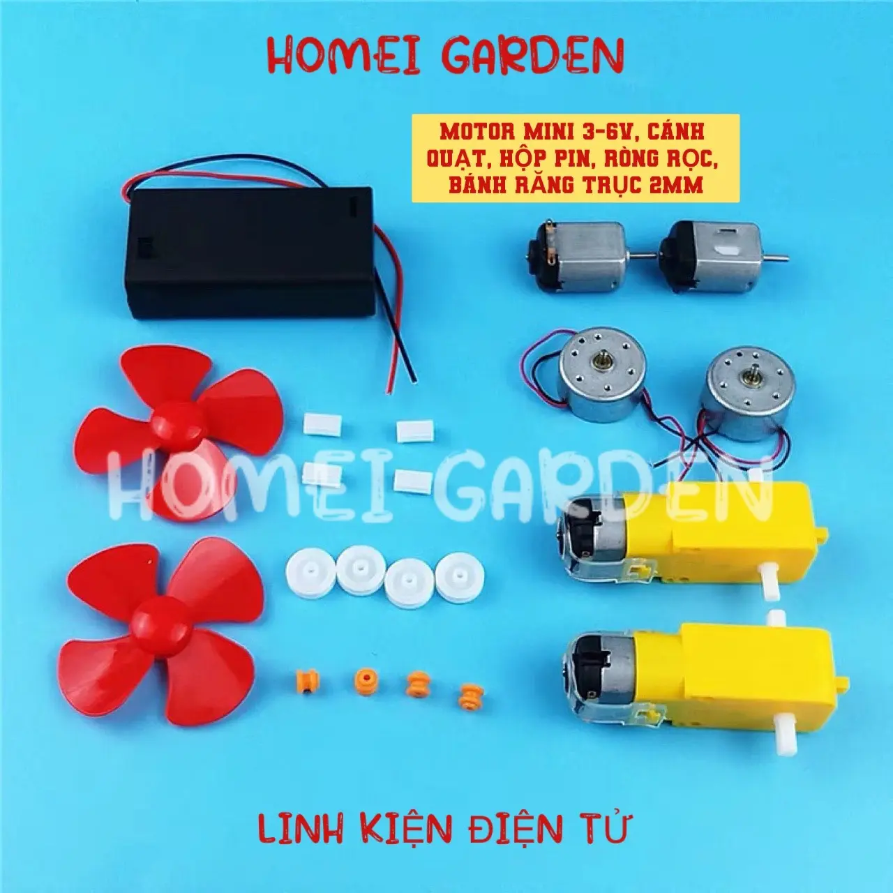 Motor động cơ mini giảm tốc vàng 130 300 hộp đựng pin cánh quạt 80mm ròng rọc bánh răng dùng học tập DIY STEAM