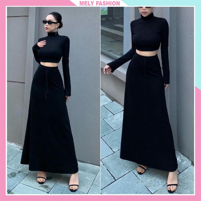 Chân váy suông dáng dài midi phóng cách ulzzang vintage hàn quốc dài qua gối tới mắt cá chân cá tính đơn giản Mely Fashion Nữ Women CV55 Màu Đen