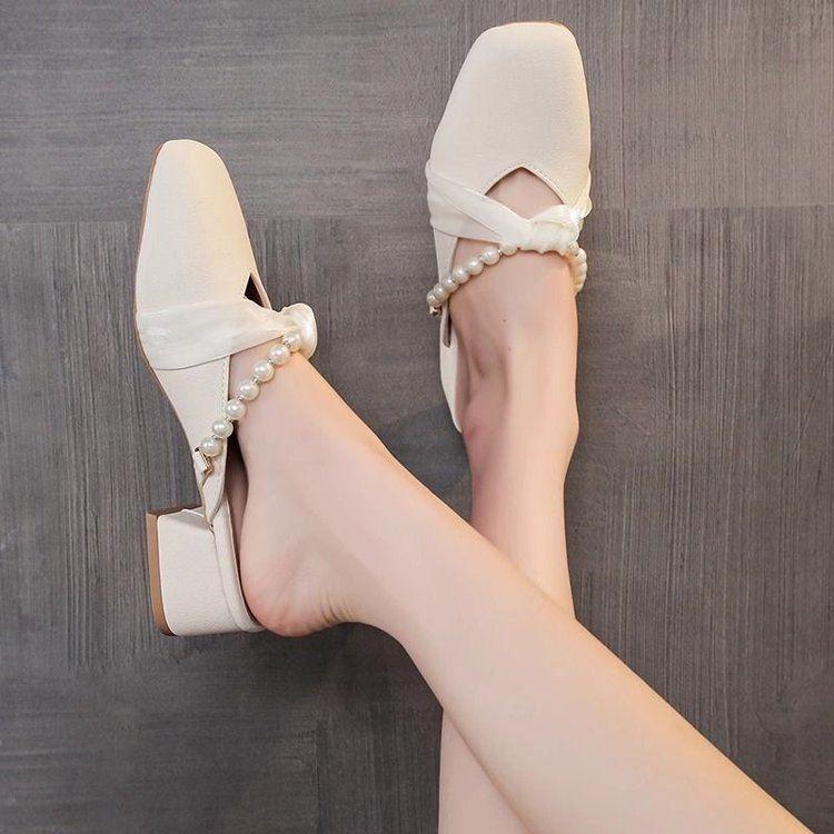 Product Introduction of Sandal Mules Kaki Tertutup Mutiara Perancis, Gaya Elegan, Untuk Wanita, Kasut Tumit Tinggi, Tumit Chunky, Tumit Pertengahan, Selipar, Sesuai untuk Dipakai Di Luar, Ketibaan Baru Musim Bunga Musim Panas 2025 9