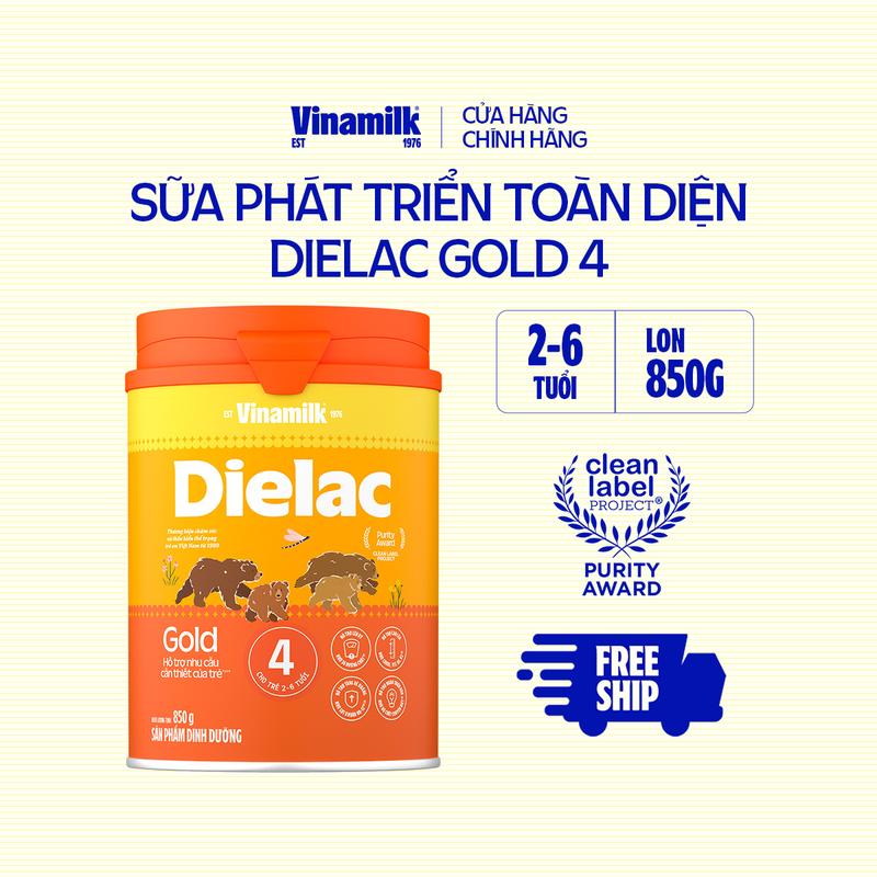  Sữa bột Vinamilk Dielac Gold 4 - Hộp thiếc 850g  2-6 tuổi  - Hỗ trợ phát triển trí não chiều cao 