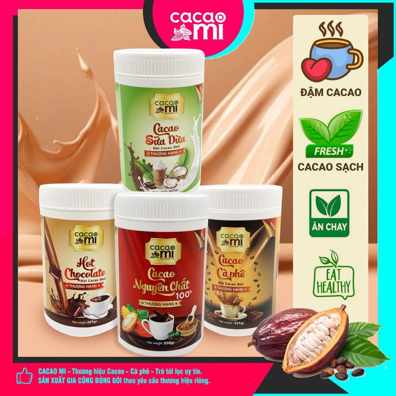 Bột Ca Cao Hoà Tan CacaoMi mix vị sô-cô-la tự chọn vị gồm Cacao Nguyên Chất, Cacao Cà Phê, Hot Chocolate, Cacao Sữa Dừa, chuyên pha chế trà sữa, sữa chua, cafe