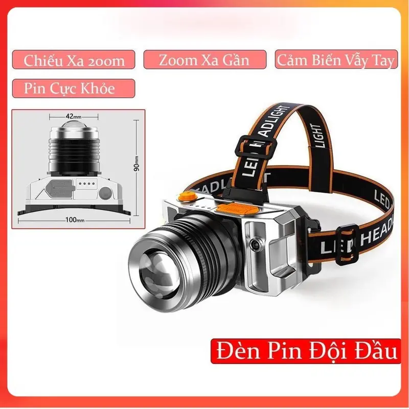 ĐÈN PIN ĐỘI ĐẦU CẢM BIẾN VẪY TAY T18 - SIÊU SÁNG CHIỀU XA 300m - SIÊU SÁNG -   tùẏ CHỈNH XA GẦN------ 1