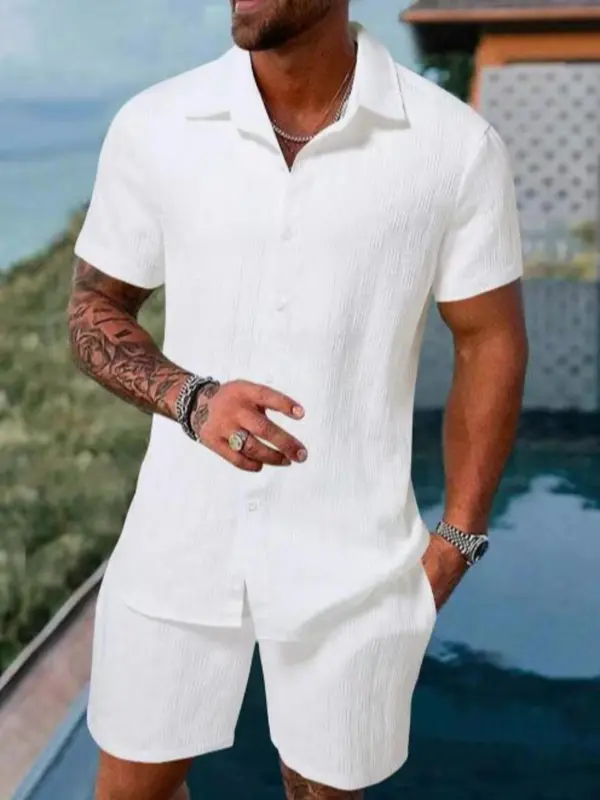 Men's Solid Short Sleeve Pajama Two-piece Set, Regular Fit Casual Comfy Button Up Shirt & Pants PJ Set, Men's Sleepwear for Summer 0