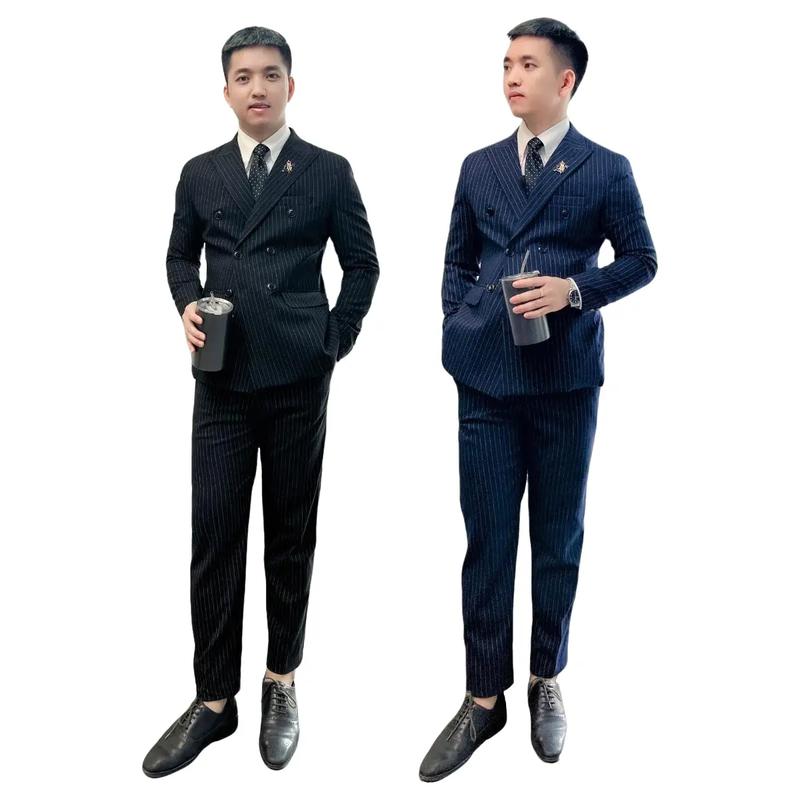 Bộ vest nam đẹp  cúc kẻ sọc cao cấp, bộ suit cưới đẹp cho chú rể Áo Menswear