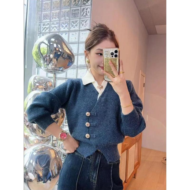 Áo Cardigan Giả Hai Lớp, Thiết Kế Đẹp, Dệt Kim Thanh Lịch Và Thoải Mái, Áo Nữ, Thời Trang Hàn Quốc, Hàng Mới Về Cho Mùa Thu 2024, OOTD 6