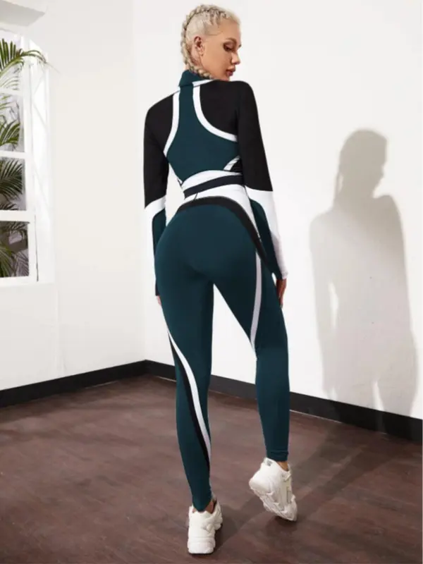 Women's Solid Color Patchwork Zip Up Crop Top & High Waist Leggings Tracksuit Set, Sporty Breathable Outfits for Yoga Gym Workout Running, Ladies Spring & Fall Clothes 1