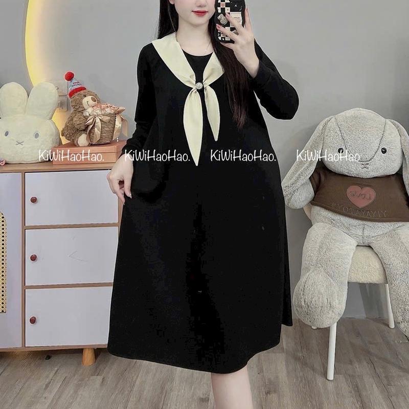 Váy bầu nỉ dáng xuông cổ nơ chất umi hàn ,dài tay ,chất dầy đanh co giãn tốt