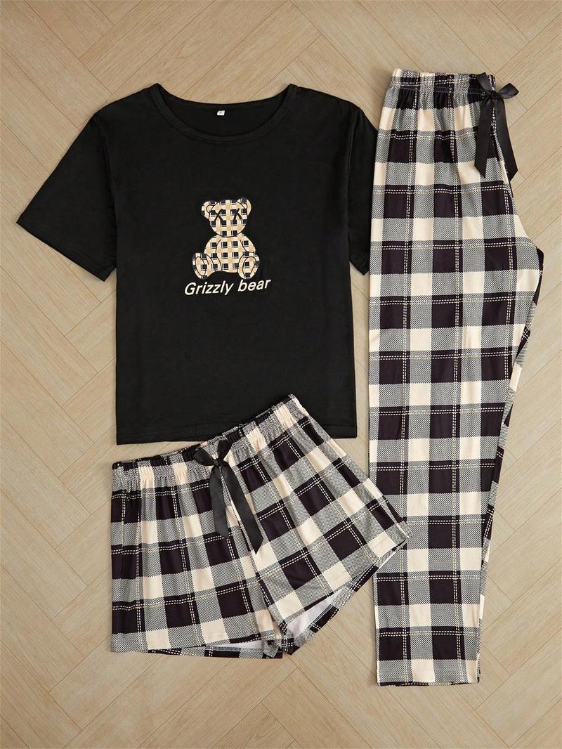 Product Introduction of Three-Piece Set Women's Plaid Print Pyjama Set, Casual Comfy Short Sleeve T-shirt & Elastic Waist Shorts & Bow Front Pants PJ Set, Ladies Sleepwear for All Seasons 2